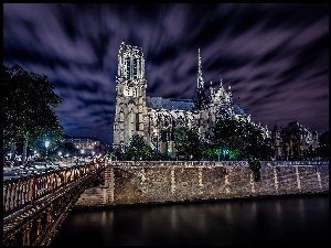 Francja, Noc, Notre Dame, Katedra, Paryż