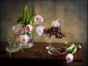 Różowe, Kompozycja, Tulipany, Winogrona