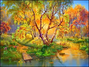 Jesień, Rzeka, Pomost, Kładka, Drzewa