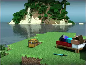 Drzewa, Minecraft, Wyspa, Człowiek, Skrzynia