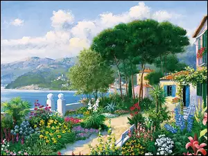 Kwiaty, Dom, Morze, Ogród, Góry