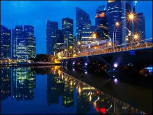 Wieżowce, Miasto, Rzeka, Nocą, Most, Kuala Lumpur