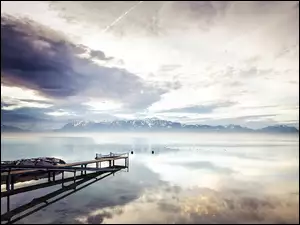 Jezioro, Pomost, Góry, Chmury
