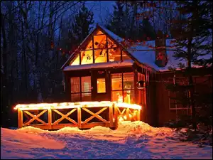 Domek, Zima, Oświetlony