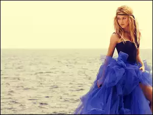 Morze, Blondynka, Niebieska, Modelka, Sukienka