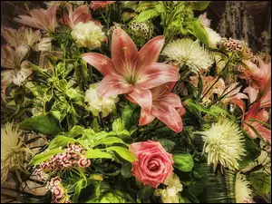Bukiet, Róże, Kwiatów, Lilie