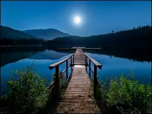 Księżyc, Jezioro, Pomost, Góry, Noc