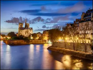 Domy, Rzeka, Dame, Notre, Noc, Paryż, Most