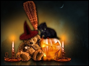 Dynia, Halloween, Miś, Kot, Świece
