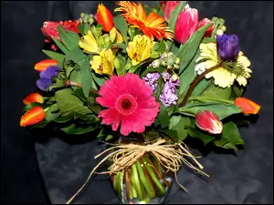 Kwiaty, Gerbery, Kompozycja, Tulipany, Bukiet, Alstremeria