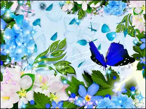 Kwiaty, Grafika, Niebieski, Motyl