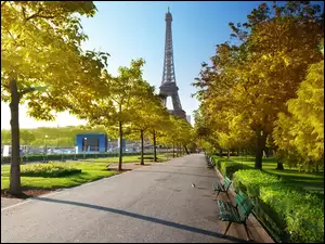 Jesień, Wieża Eiffla, Aleja, Park, Francja, Ławki, Paryż