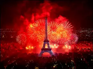 Francja, Paryż, Fajerwerki, Nocą, Wieża Eiffla