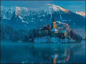 Bled, Góry, Kościół, Domy, Słowenia, Zima, Jezioro