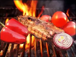 Papryka, Cebula, Mięso, Ogień, Grill, Pomidory