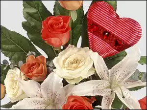 Serce, Bukiet, Róże, Kwiatów, Lilie