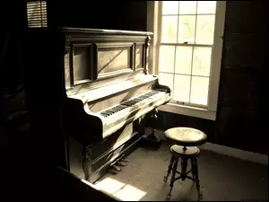 Okno, Zakurzone, Pianino, Instrument, Słońce, Stare, Stołek