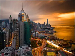 Wieżowce, Chiny, Miasto nocą, Hong Kong