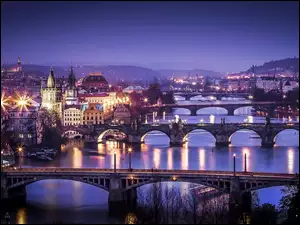 Czechy, Miasta, Mosty, Rzeka, Praga, Zdjęcie, Latarnie