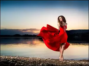 Kobieta, Jezioro, Czerwona, Sukienka