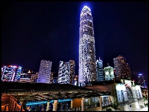 Miasta, Noc, Hong Kong, Niebo, Fragment, Wieżowce