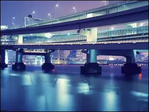 Miasto, Rzeka, Most, Japonia, Tokio, Nocą