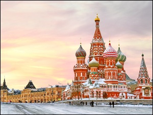 Cerkiew, Plac Czerwony, Rosja, Zima, Moskwa, Sobór Wasyla Błogosławionego