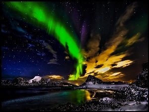Noc, Norwegia, Góry, Zorza Polarna, Jezioro