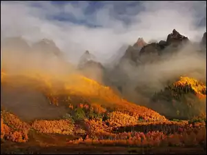 Jesień, Chmury, Las, Góry