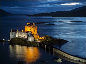 Szkocja, Kamienny, Eilean Donan, Zamek, Noc, Wyspa, Most