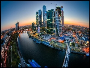 Panorama, Wschód, Rosja, Chmur, Mosty, Drapacze, Moskwa, Rzeka, Słońca