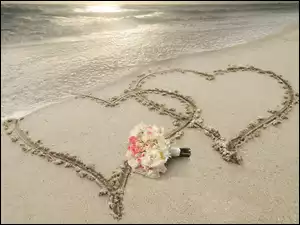 Miłosne, Morze, Serca, Plaża, Kwiaty