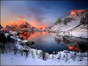 Góry, Zima, Jezioro, Śnieg, Zachód Słońca