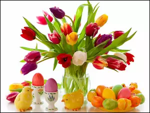 Pisanki, Wielkanoc, Bukiet, Tulipany, Kolorowe