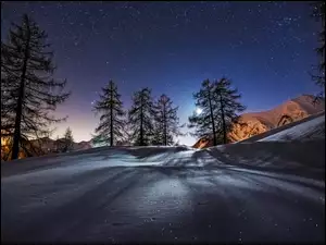Gwiazdy, Zima, Góry, Noc, Drzewa
