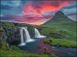 Góry, Mostek, Wodospad, Islandia, Rzeka, Zachód Słońca