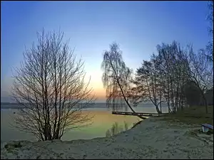 Słońca, Pomost, Jezioro, Ławka, Wschód, Drzewa