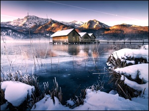 Zima, Drewniane Domki, Góry, Jezioro