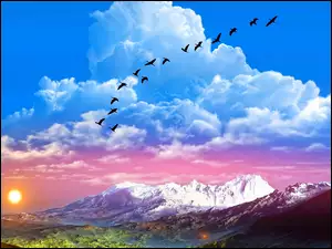 Chmury, Fantasy, Góry, Krajobraz, Słońce, Ptaki