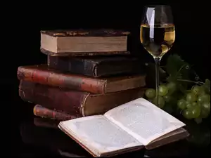 Książki, Wino, Kieliszek, Winogrona