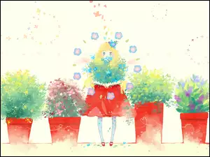 Anime, Kwiatki, Dziewczyna