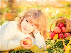 Jesień, Jabłka, Uśmiechnięte, Dziecko