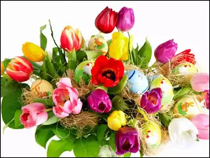 Kolorowe, Wielkanoc, Tulipany, Pisanki