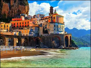 Zdjęcie Miasta, Hotele, Positano, Włochy, Wybrzeże, Morze, Góry