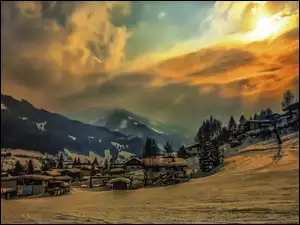 Austria, Miasteczko, Chmury, Góry, Zima