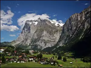 Łąki, Wioska, Góry, Grindelwald, Alpy, Chmury