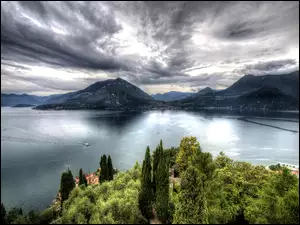 Vezio , Góry, Castello, Drzewa, Włochy, Chmury, Di, Jezioro