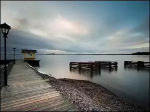 Latarnie, Niebo, Pomost, Szwecja, Jezioro, Domek