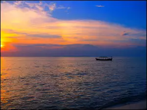 Łódka, Słońca, Morze, Kambodża, Fale, Zachód