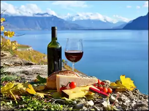 Jezioro, Piknik, Góry, Wino